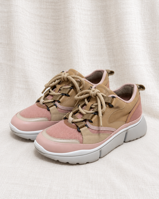 CHLOE, Pink Satin Trainers with Suede Trim, 6 — left-facing pair on ivory linen