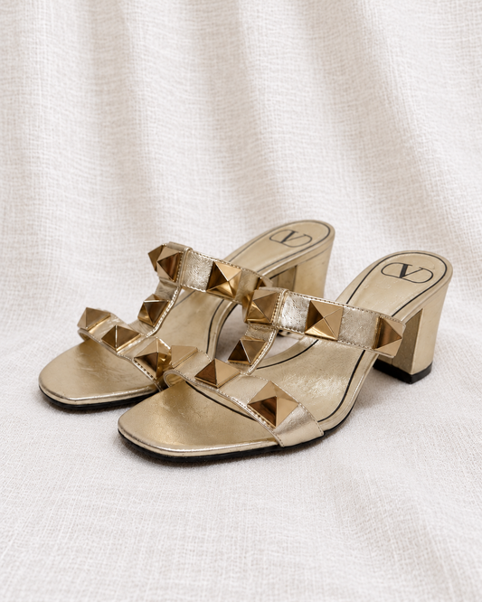 VALENTINO, Garavani Block Heel Sandals, 38 — left-facing pair on ivory linen