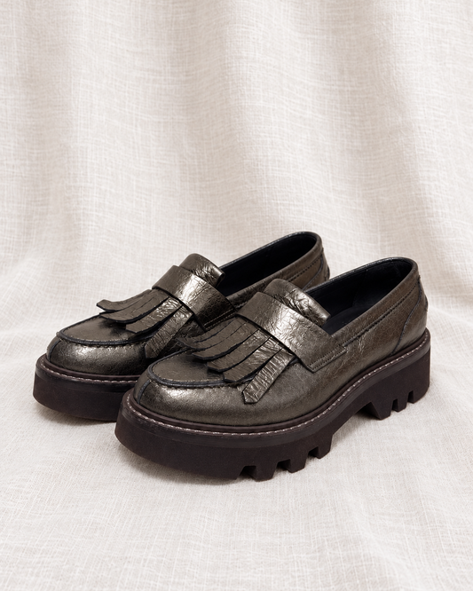 BRUNELLO CUCINELLI, Lug Sole Loafers, 37 — left-facing pair on ivory linen