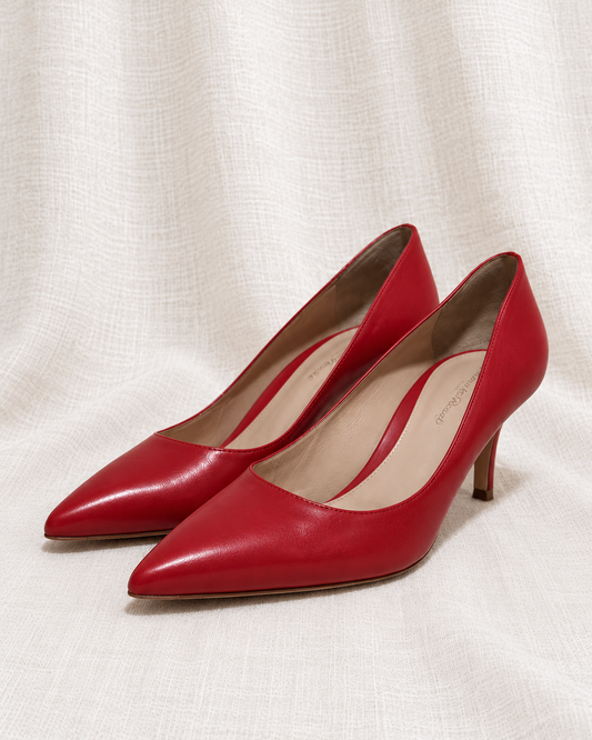 GIANVITO ROSSI, Red Leather Pumps, 39 — left-facing pair on ivory linen
