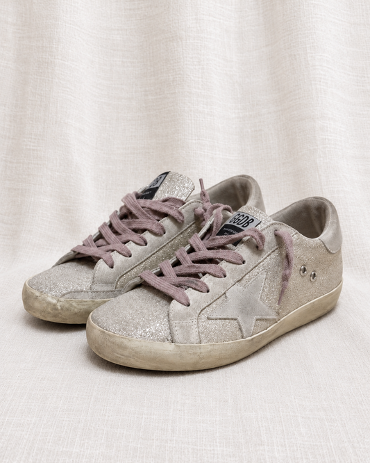 GOLDEN GOOSE, Leather Glitter Trainers, 6.5 — left-facing pair on ivory linen