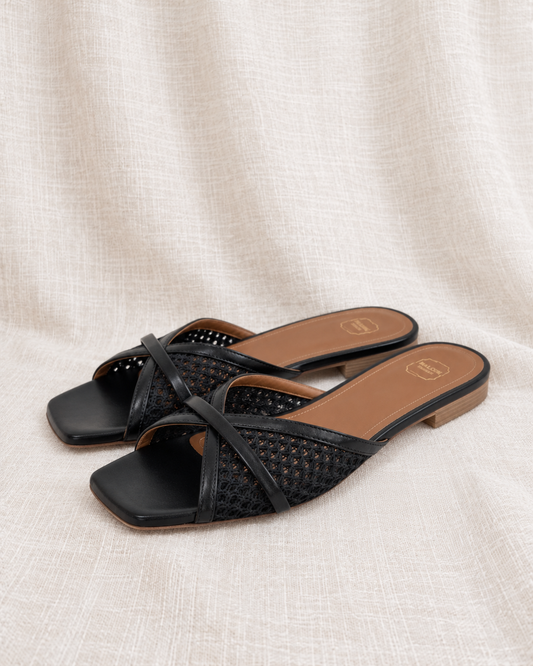 MALONE SOULIERS, Black and Tan Mesh Sandals, 37 — left-facing pair on ivory linen