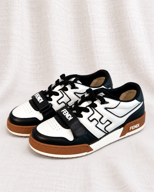 FENDI, Low Top Logo Sneakers, 40 — left-facing pair on ivory linen