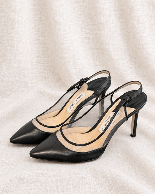 JIMMY CHOO, Leather and PVC Slingback Heels, 38 — left-facing pair on ivory linen