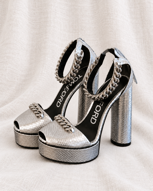 TOM FORD, Silver Platform Chain Heels, 39 — left-facing pair on ivory linen