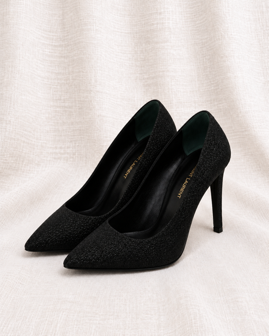 SAINT LAURENT, Textured Leather Stilettos, 37 — closely grouped left-facing pair on ivory linen