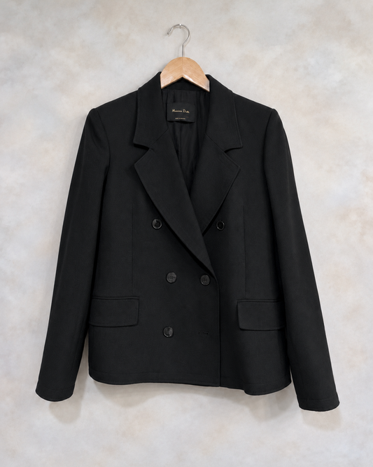 Massimo Dutti double breasted wool blend blazer on wooden hanger