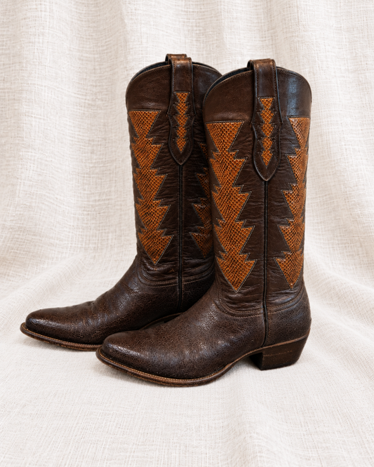 MORADO cowboy boots — closely grouped left-facing pair on ivory linen