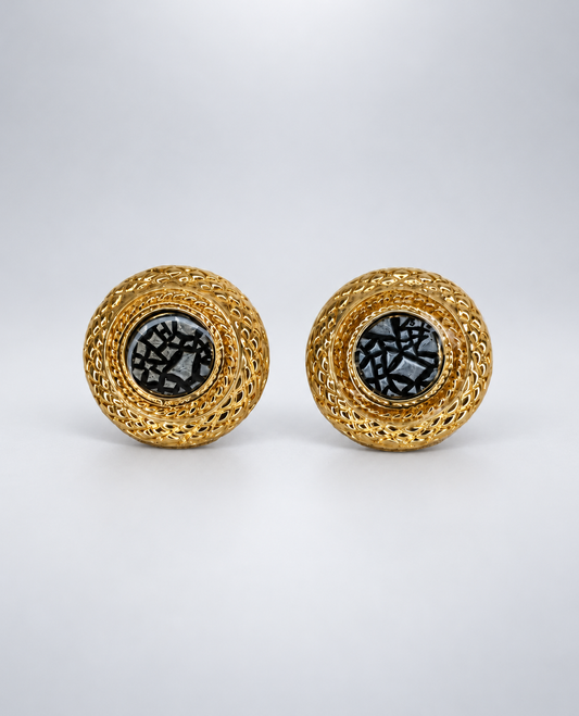 VINTAGE, Clip-On Round Gold Earrings With Silver and Black Center
