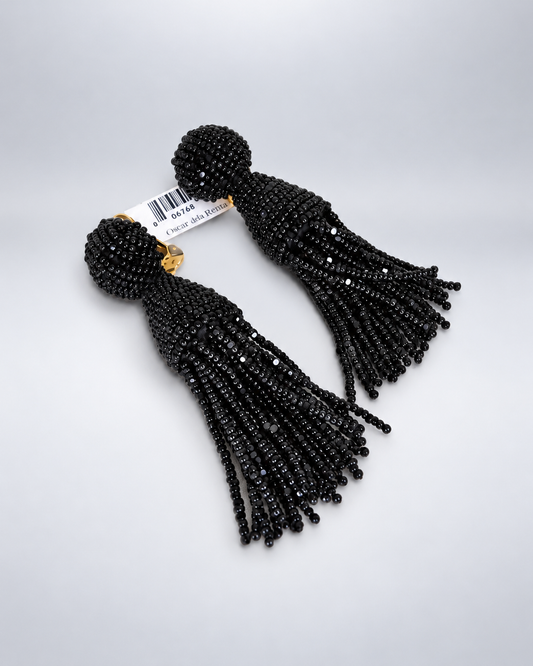 OSCAR DE LA RENTA, Beaded Long Tassel Drop Clip-On Earrings