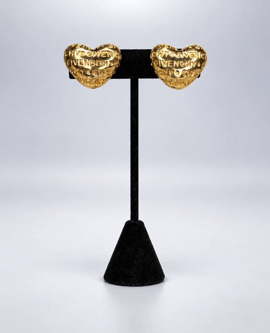 GIVENCHY, Vintage Gold Tone Logo Heart Clip-On Earrings