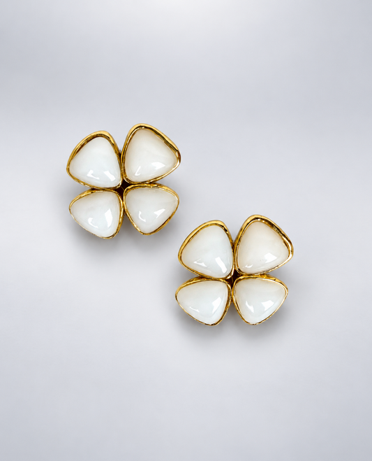 CHANEL Gold Faux Pearl Flower Clip-On Earrings