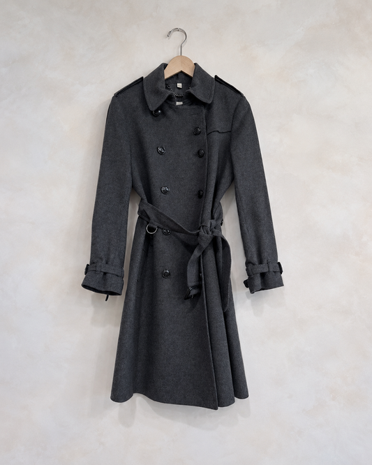 Burberry charcoal wool trench coat on wooden hanger