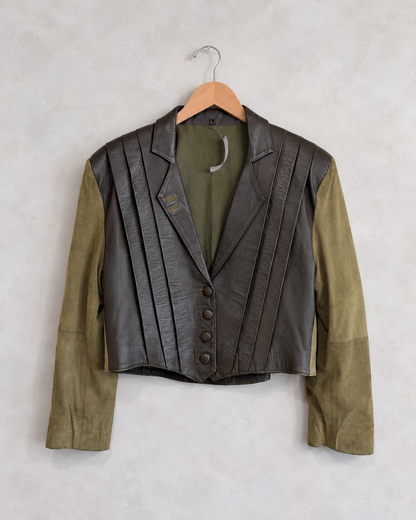 SAINT LAURENT, Vintage Suede & Leather Cropped Jacket, N/S on a wooden hanger