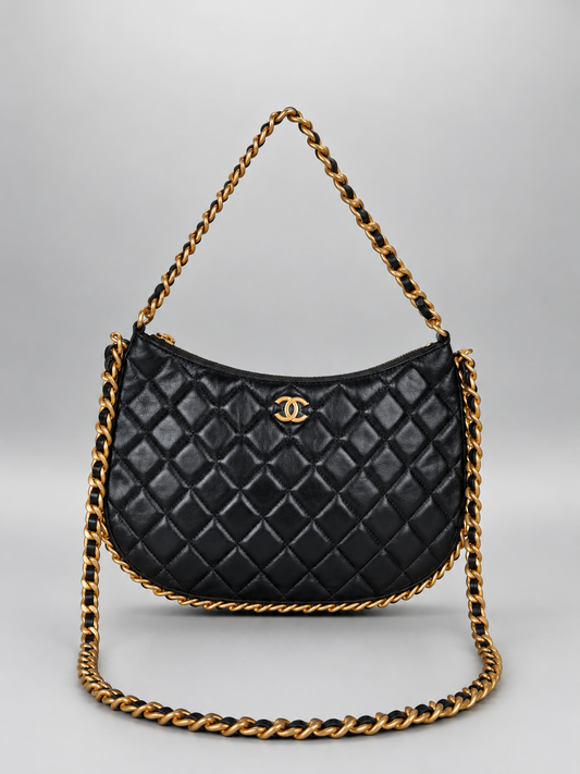 CHANEL Chain Around in Gold w Quilted Lambskin-Black