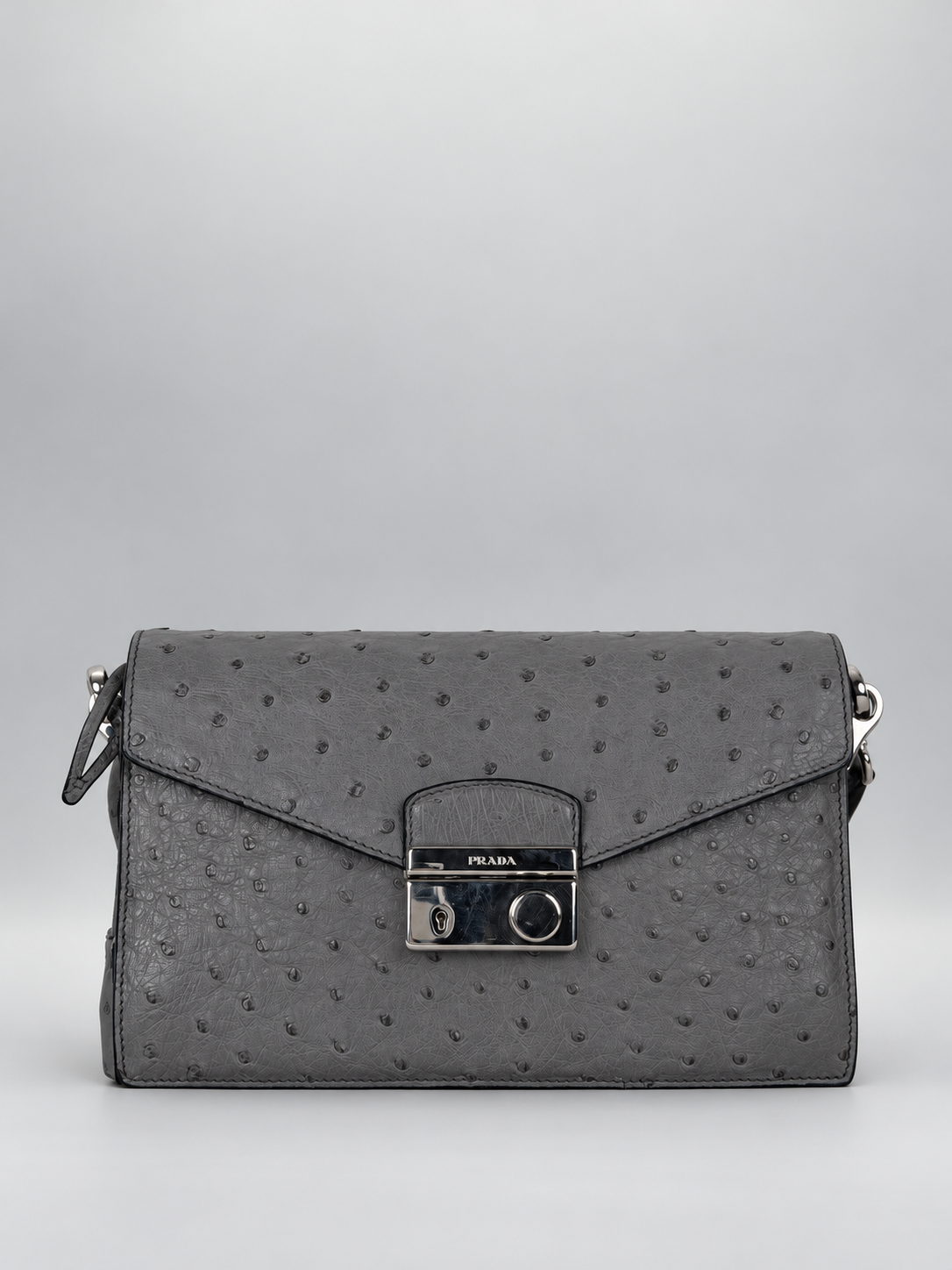 PRADA Ostrich Leather Flap Bag - Grey