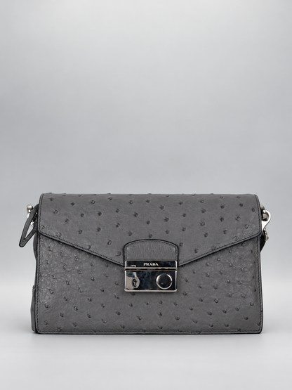 PRADA Ostrich Leather Flap Bag - Grey