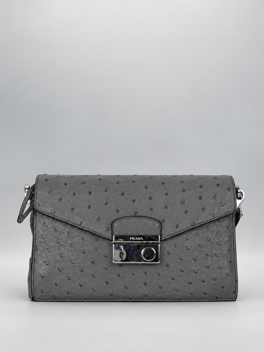 PRADA Ostrich Leather Flap Bag - Grey