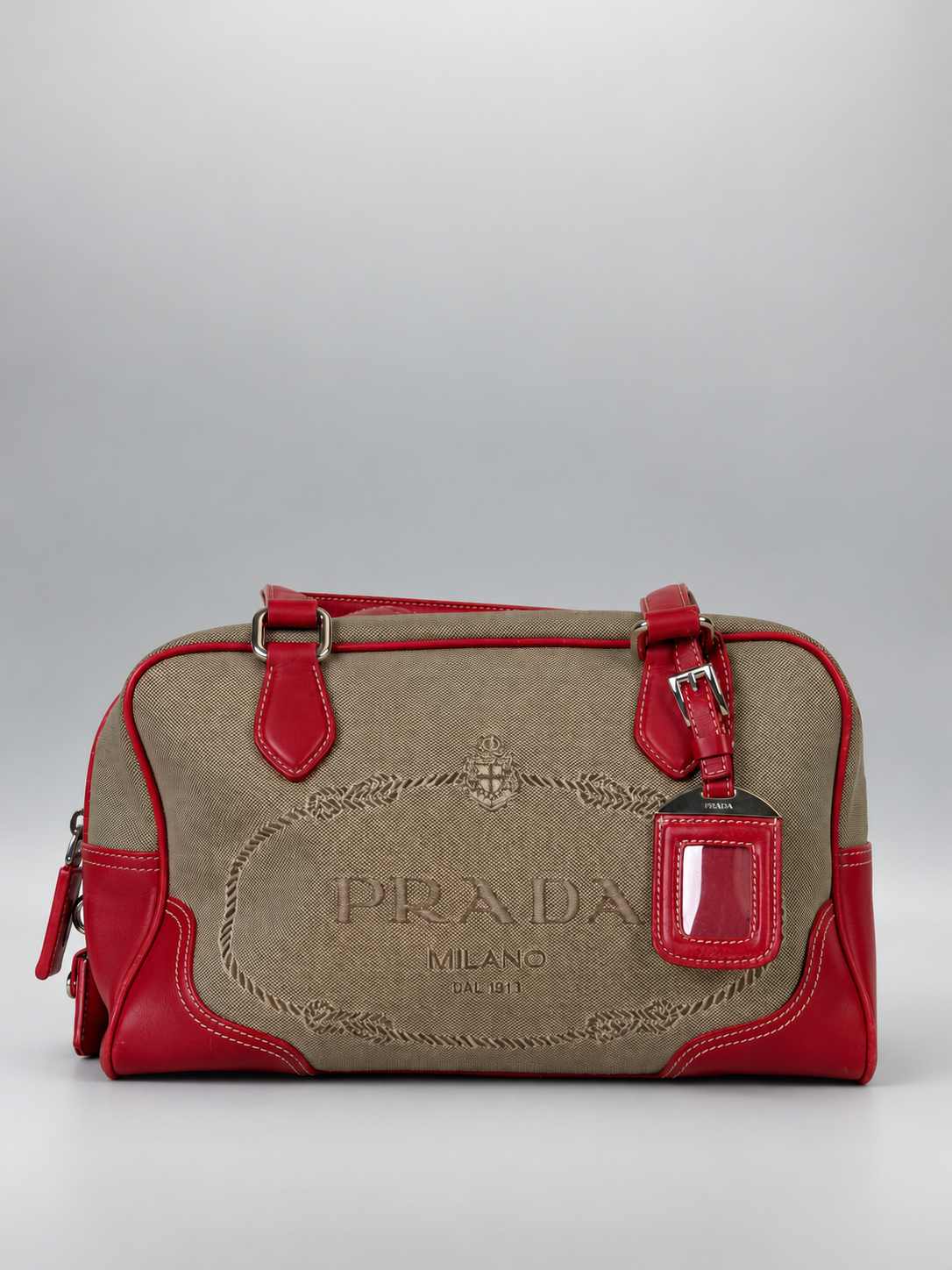 PRADA Milano Bowling-Style Handbag with Canvas Fabric and Red Leather Trim