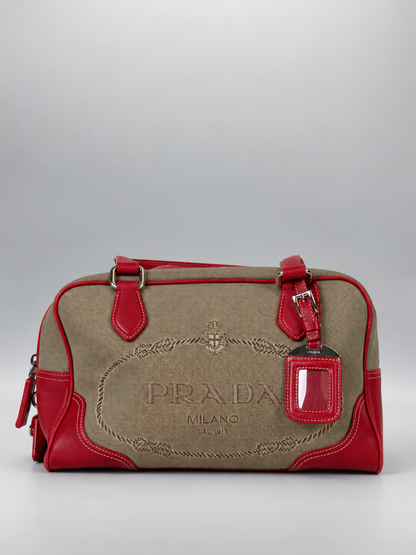 PRADA Milano Bowling-Style Handbag with Canvas Fabric and Red Leather Trim