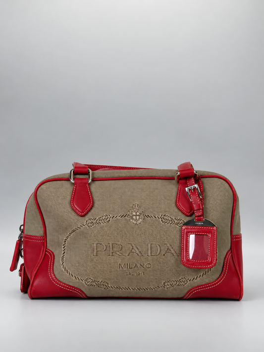 PRADA Milano Bowling-Style Handbag with Canvas Fabric and Red Leather Trim