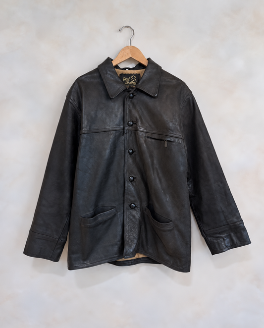 Real Leather oversized dark brown leather jacket on wooden hanger