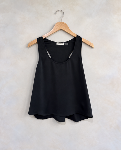 RAMY BROOK, Racer Back Black Tank Top, S on a wooden hanger against a softly mottled pale wall