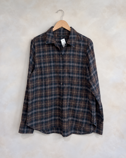 JENNI KAYNE, Cotton Plaid Button Up Shirt, M on a wooden hanger