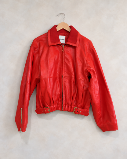 SANDRO, Leather Jacket with Gold Zips and Buckles, 36 on a wooden hanger