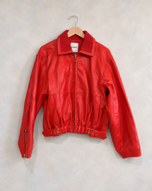 SANDRO, Leather Jacket with Gold Zips and Buckles, 36 on a wooden hanger