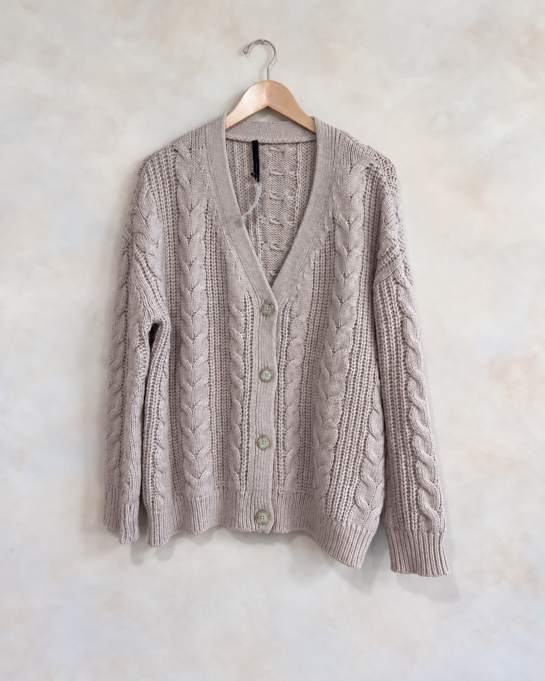 JENNI KAYNE, Alpaca Merino Blend Cable Knit Cardigan, XS on a wooden hanger