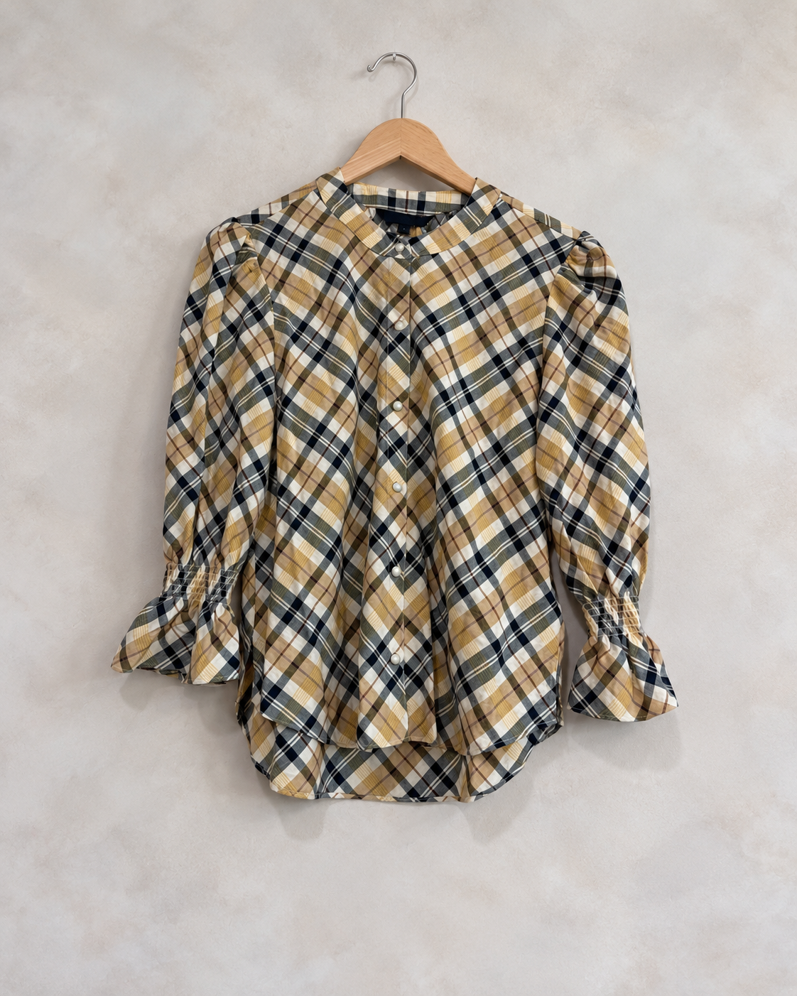 VERONICA BEARD, Three Quarter Sleeve Plaid Ashlyn Blouse, 6 on a wooden hanger