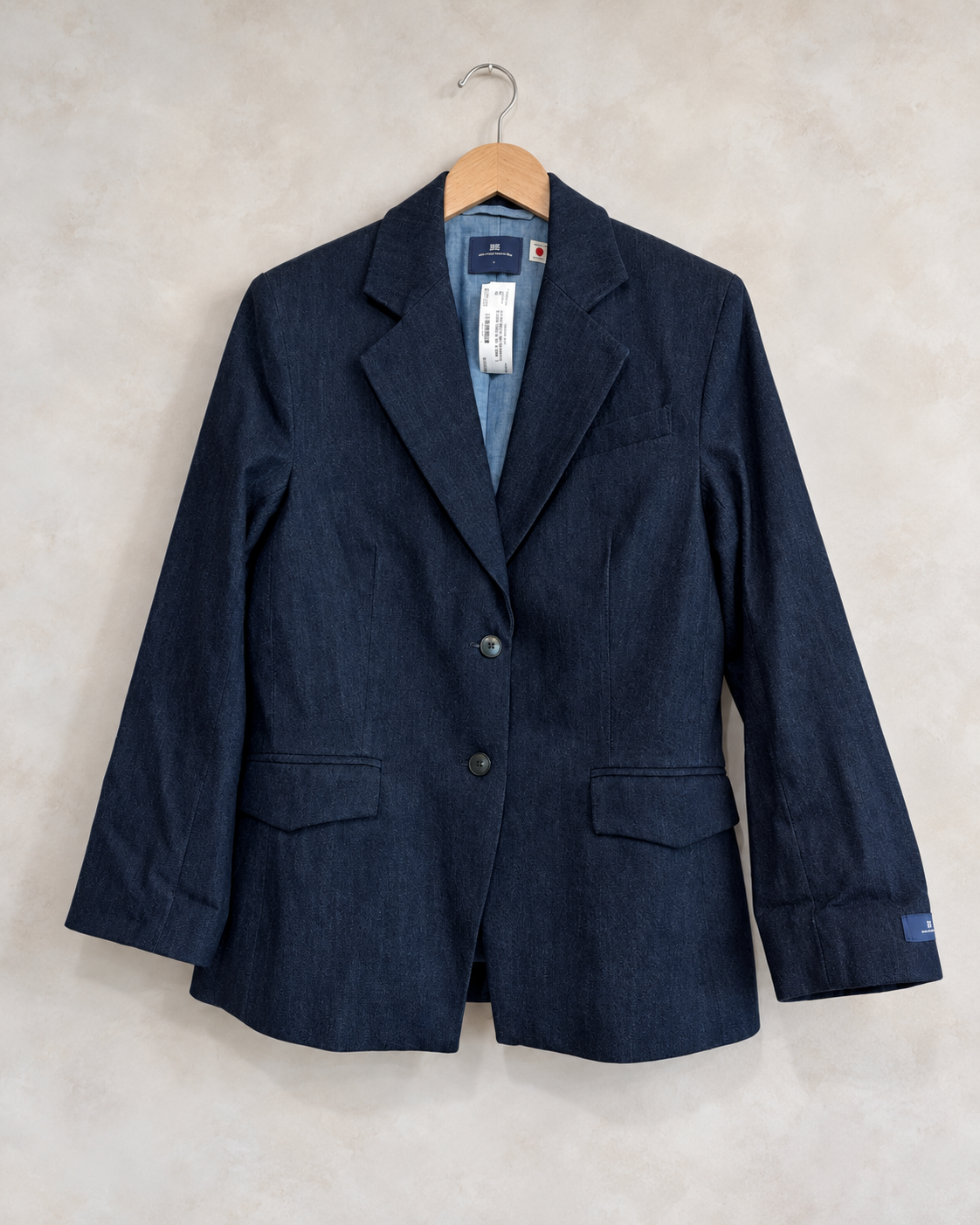 LEVI'S, Blue Tab Japanese Denim Blazer, S on a wooden hanger