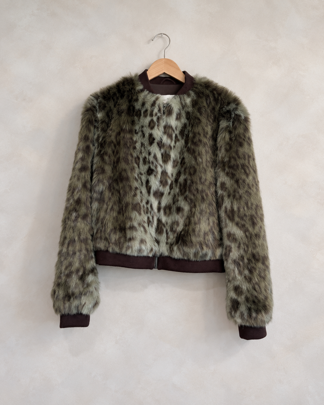 UNREAL FUR, Faux Fur Animal Print Bomber Jacket, M on a wooden hanger