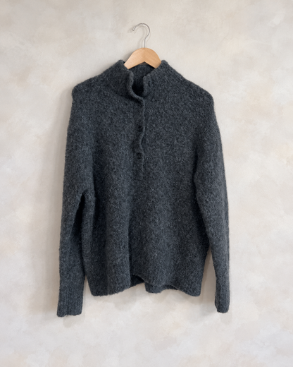 JENNI KAYNE, Alpaca Merino Blend Henley Mockneck Sweater, M on a wooden hanger
