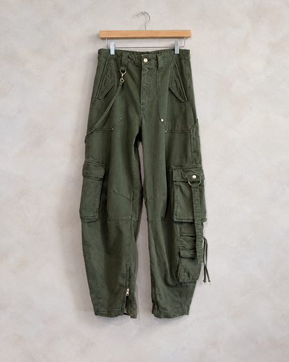 CULT GAIA, Twill Cargo Barrel Leg Trousers, 2 on a wooden hanger