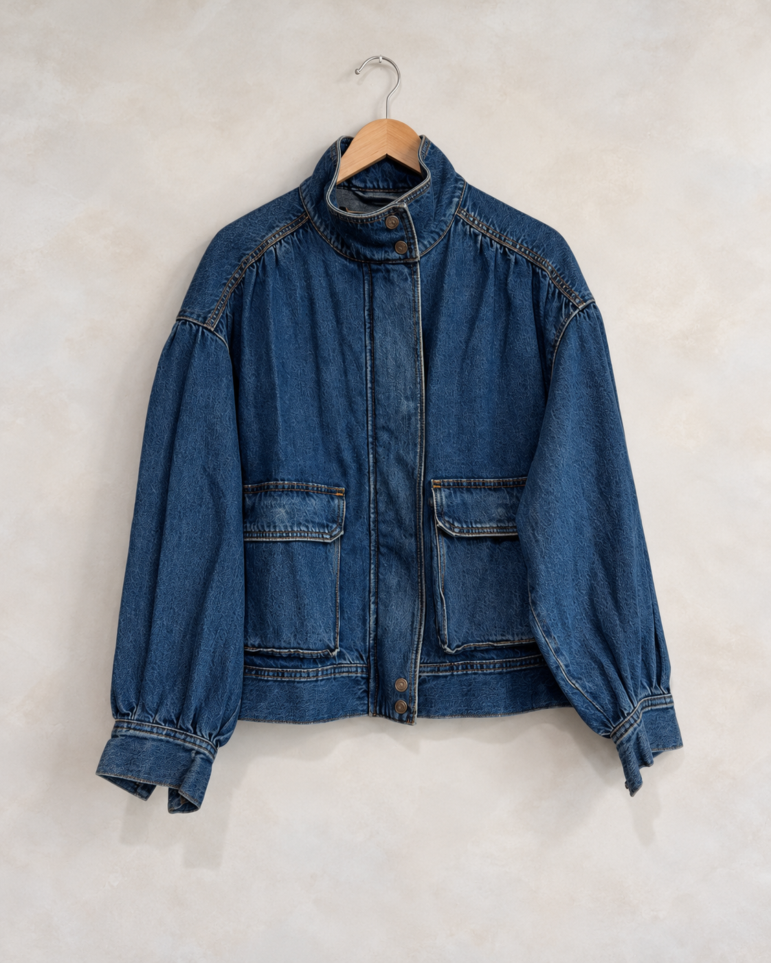 LEVIS, Relaxed Ruched Denim Jacket, S on a wooden hanger