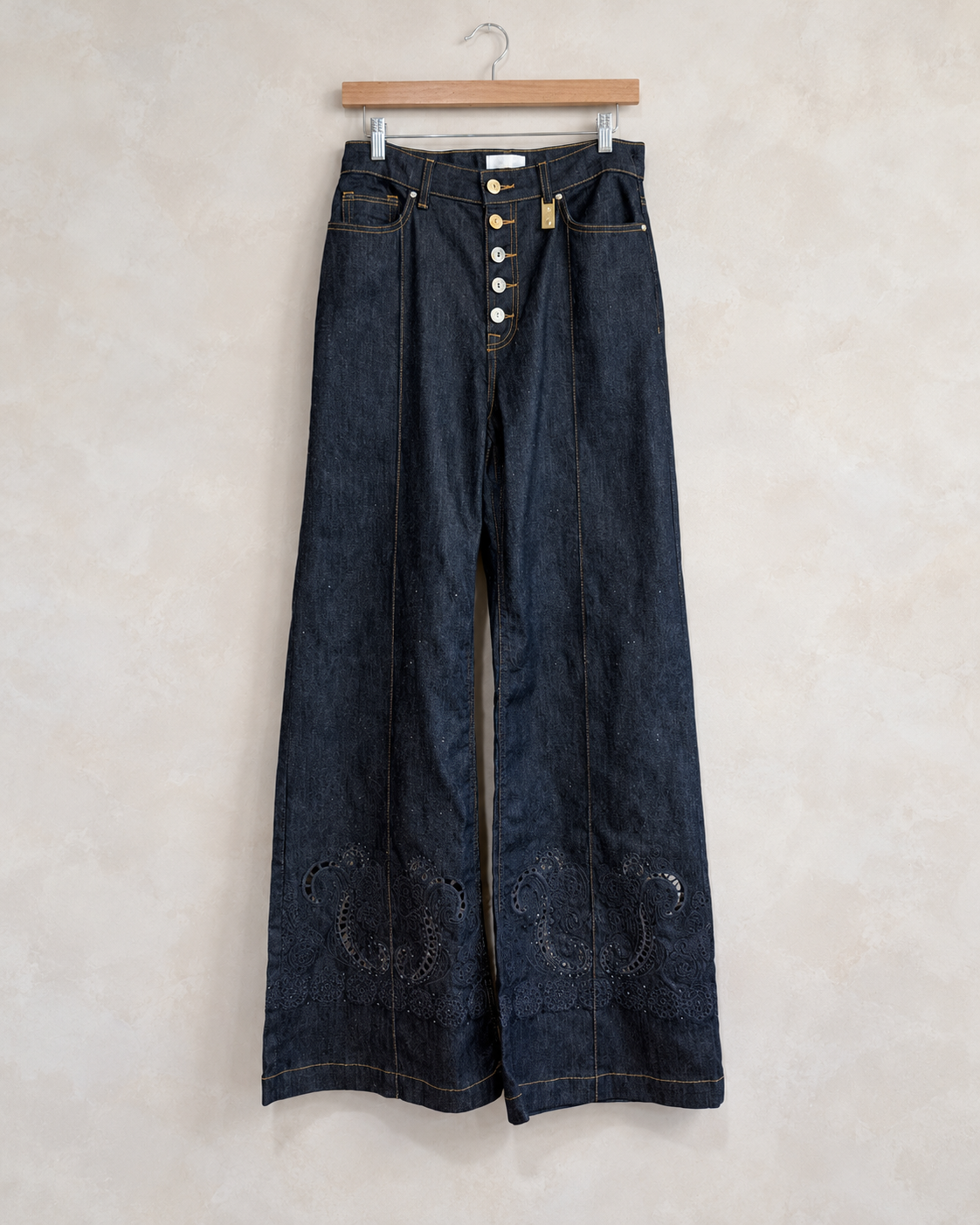 CAMILLA, Jenna High Waist Embellished Denim Flare Jeans, S on a wooden hanger