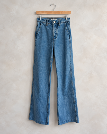 REFORMATION, Light Wash Straight Leg Jeans, 25 on a wooden hanger