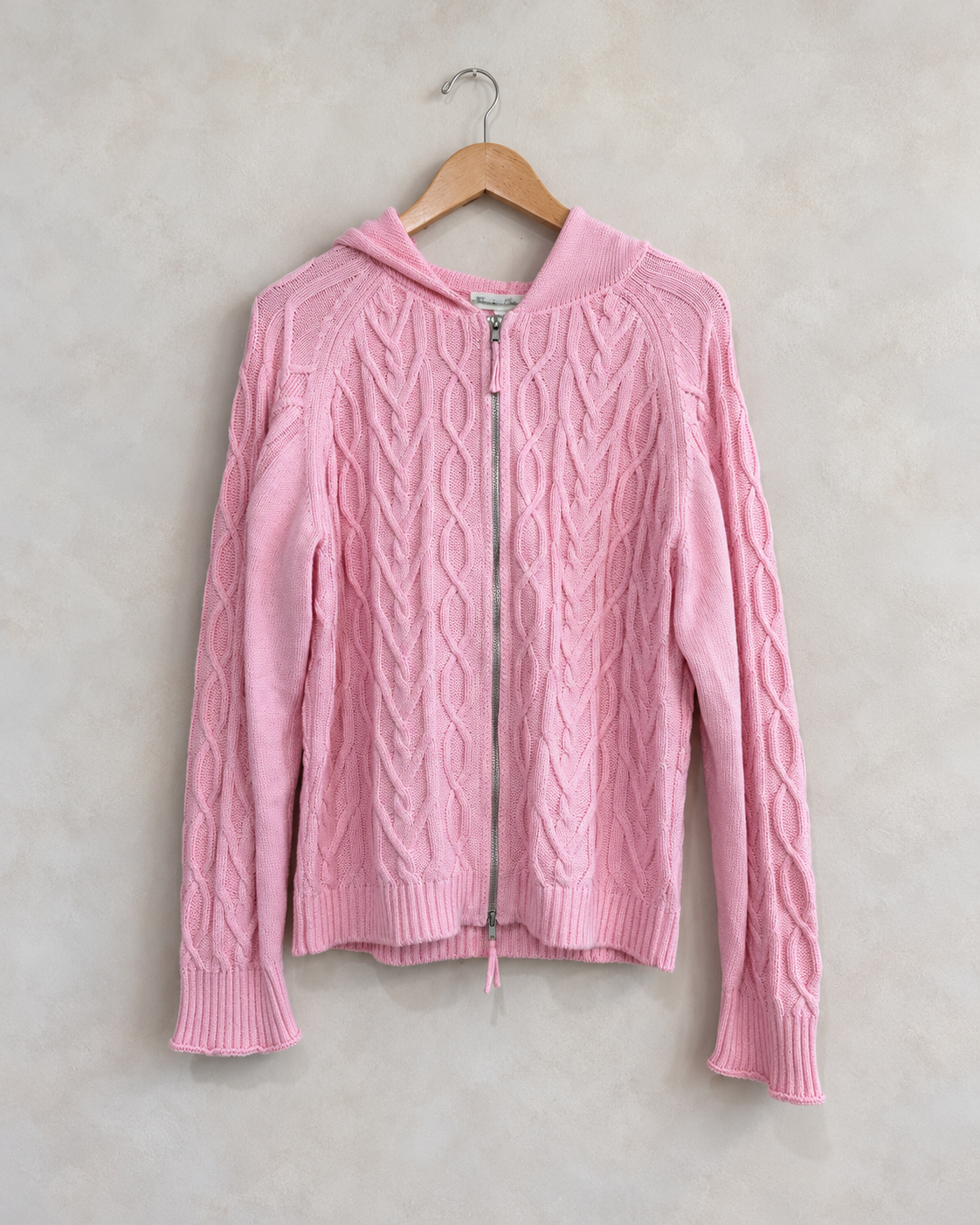 FRANKIES BIKINIS, Cotton Cable Knit Zip Up Hoodie, M on a wooden hanger