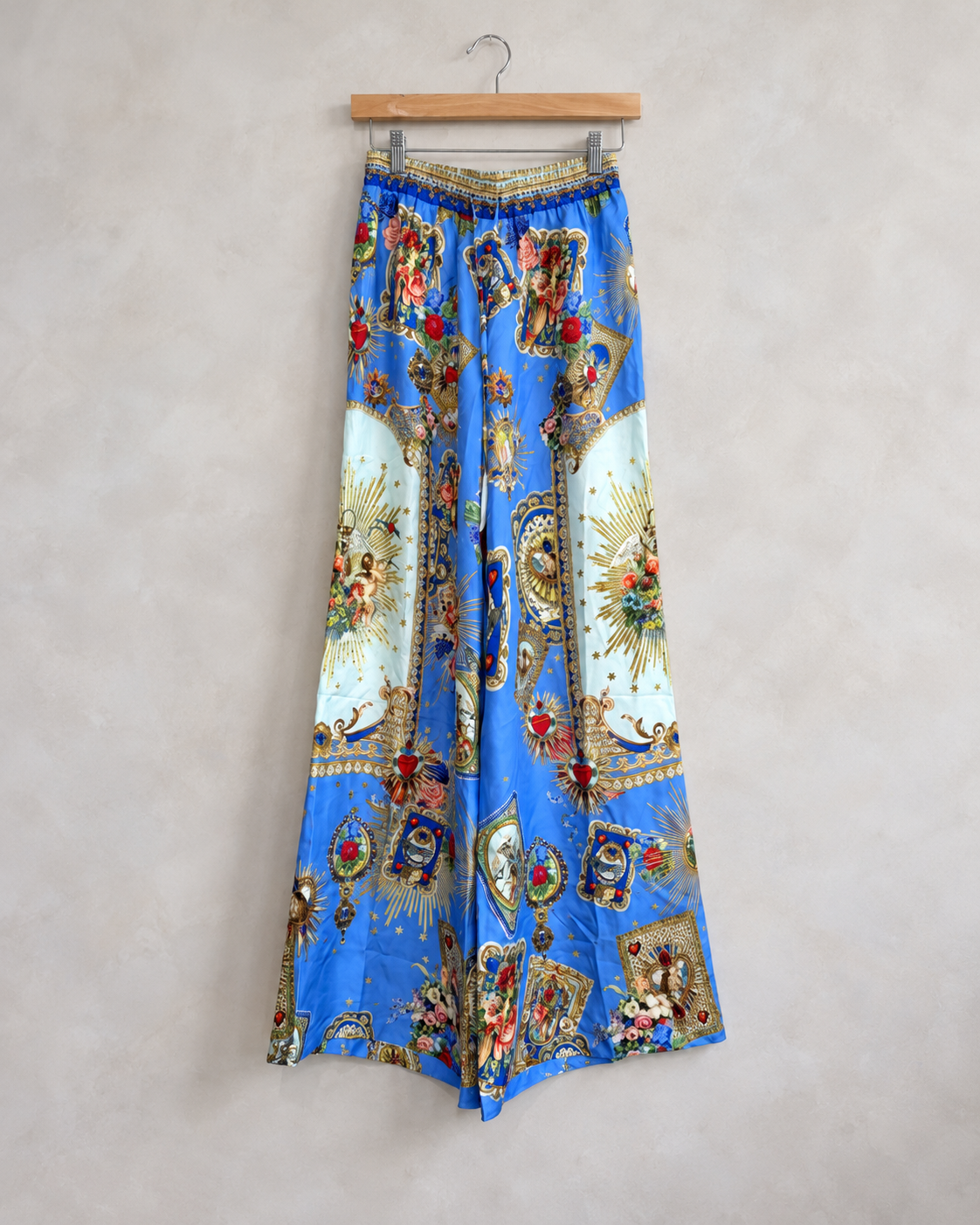 CAMILLA, Silk Printed Embellished Lounge Pants, XS on a wooden hanger