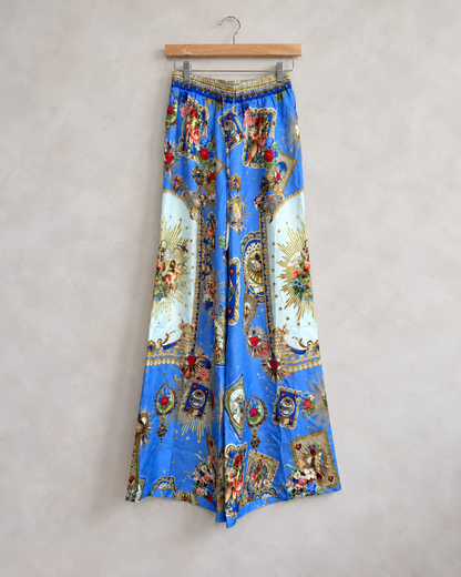CAMILLA, Silk Printed Embellished Lounge Pants, XS on a wooden hanger