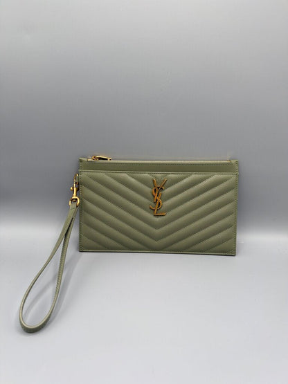 SAINT LAURENT, Monogram Grain de Poudre Pouch, Green