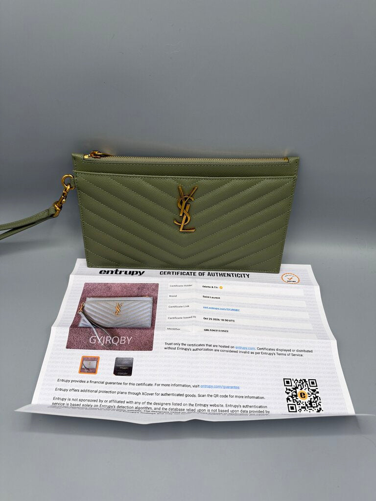 SAINT LAURENT, Monogram Grain de Poudre Pouch, Green