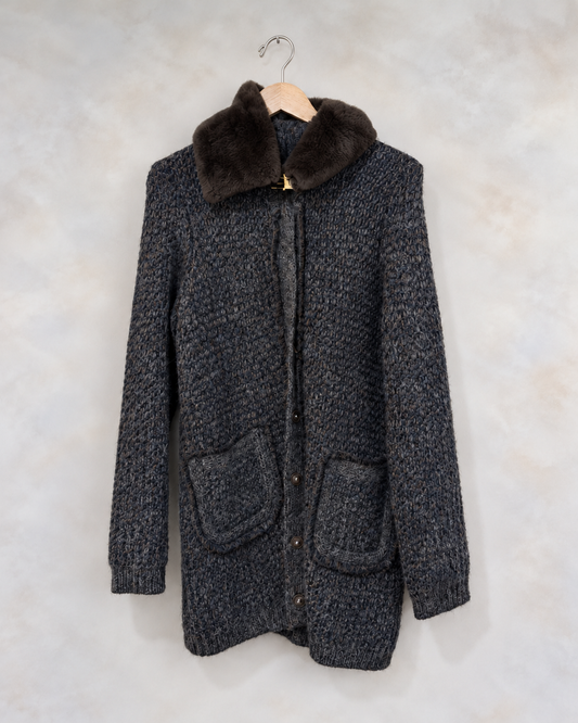 Tory Burch fur collar knit cardigan on wooden hanger